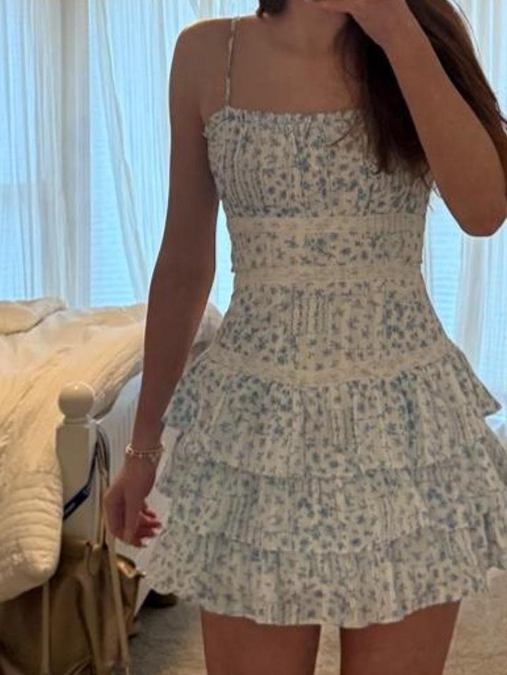 Floral Ruffled Mini Sundress - Blue/White